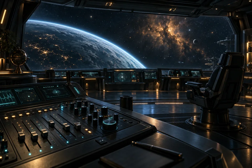 An illuminated command console on a quiet starship bridge