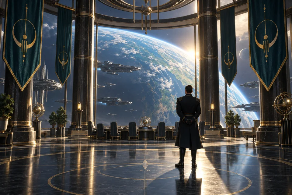 An imperial envoy overlooking a planet from a diplomatic chamber