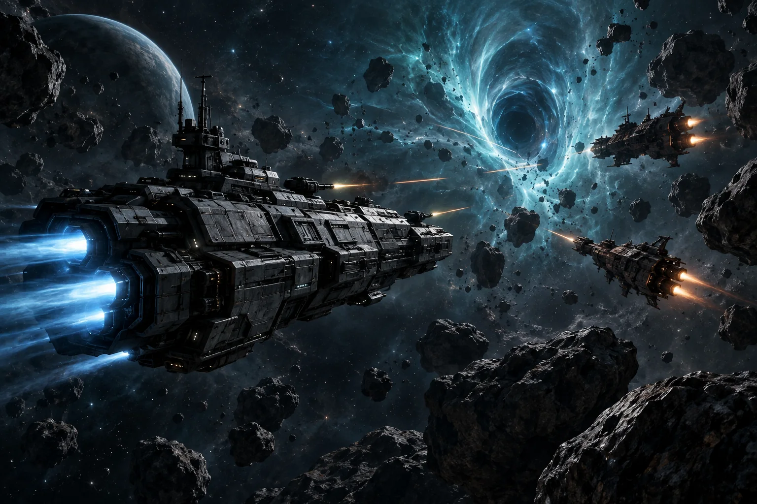 A patrol ship confronting raiders near a blue spatial anomaly in an asteroid field